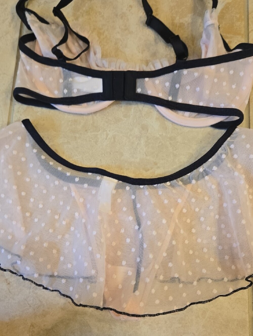Frederick's of Hollywood Pink Mesh Polka Dot Bra & Skirt Set & Black Trim NWOT - Picture 8 of 9